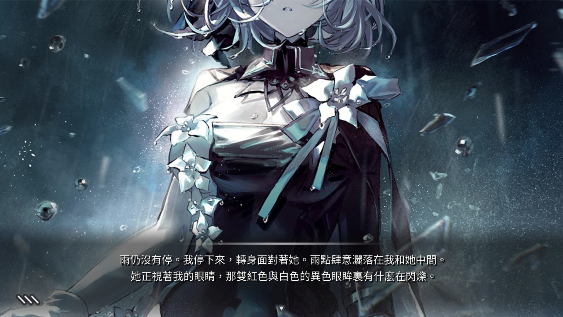 她正視著我的眼睛，那雙紅色與白色的異色眼眸裏有什麼在閃爍。