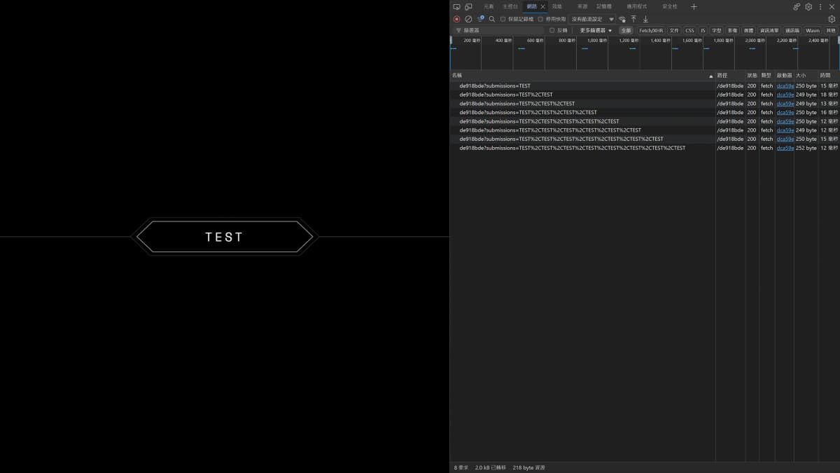 打開 DevTools 後嘗試送出隨機內容,一共八次請求